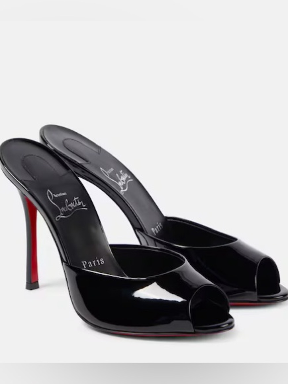 Christian Louboutin Black Patent Peep-Toe Mules with Red Sole
